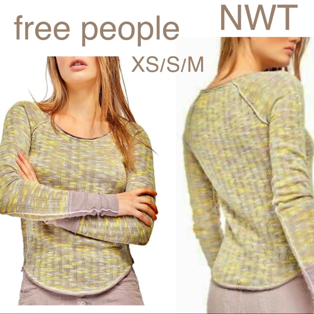 NWT M FREE PEOPLE sea combo knit shirt thumb holes scoop neck we the free top